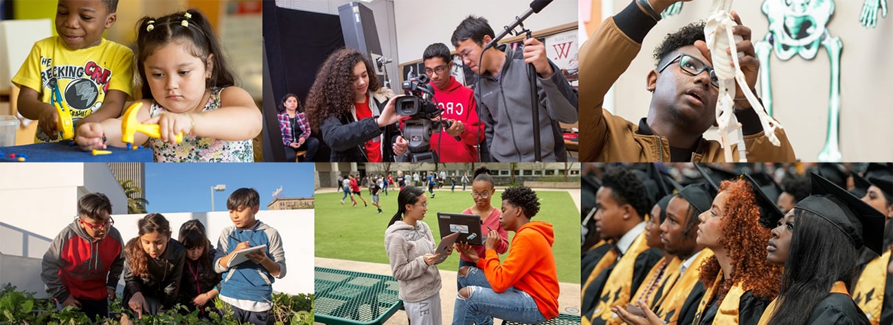 collage students of various ages at events, awards programs, and graduation