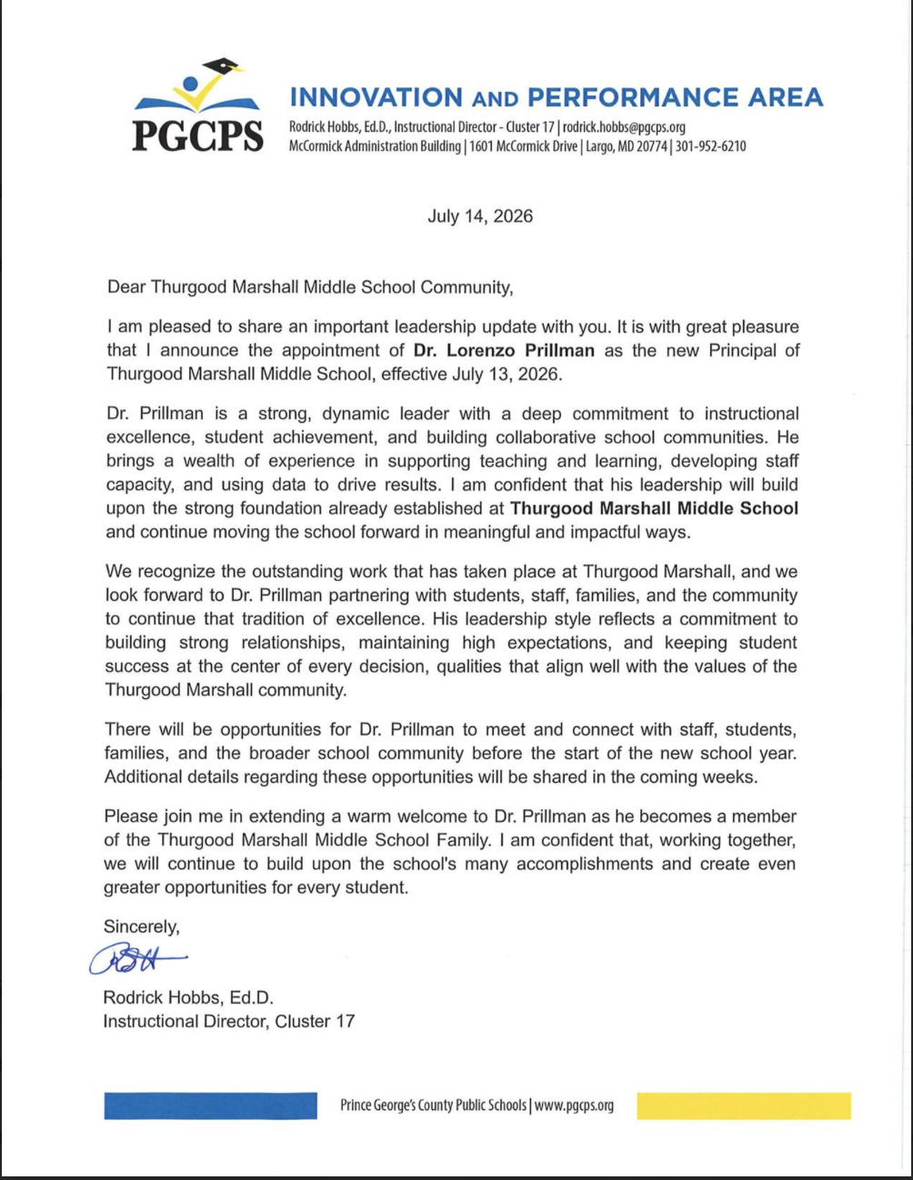 Dr. Hobbs community letter
